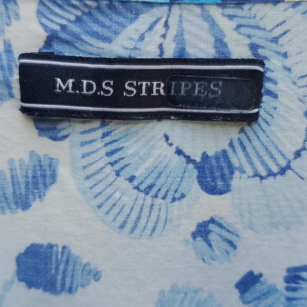 MDS Stripes Blue Floral Midi Dress 3/4 Sleeve V-Neck Keyhole Tie Front Cotton - Picture 3 of 6